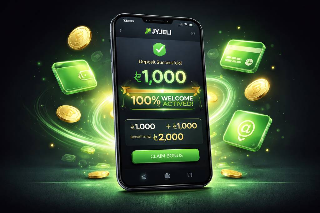 JYJELI welcome bonus screen showing first deposit match details