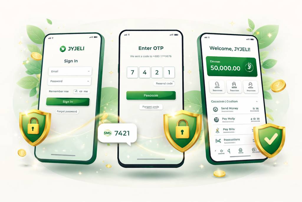 JYJELI step by step account access guide JYJELI login steps shown as secure mobile screens