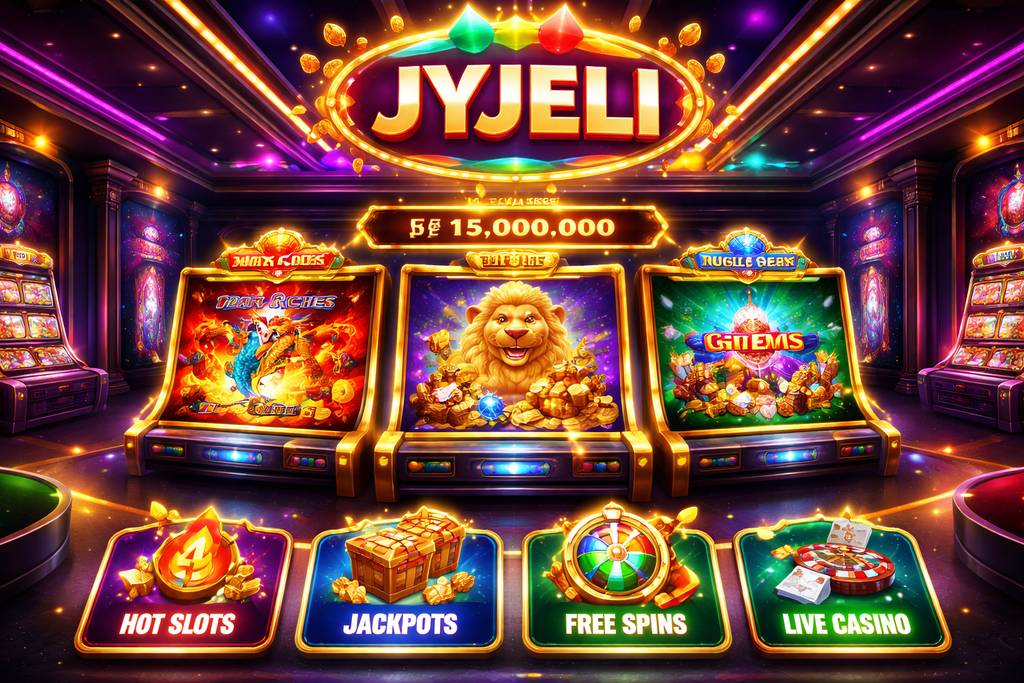 JYJELI slots lobby with jackpot reels and bonus highlights